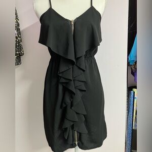 Women’s Black Ruffle Spaghetti Strap Dress, Small, Black w Front Zipper, Alya
